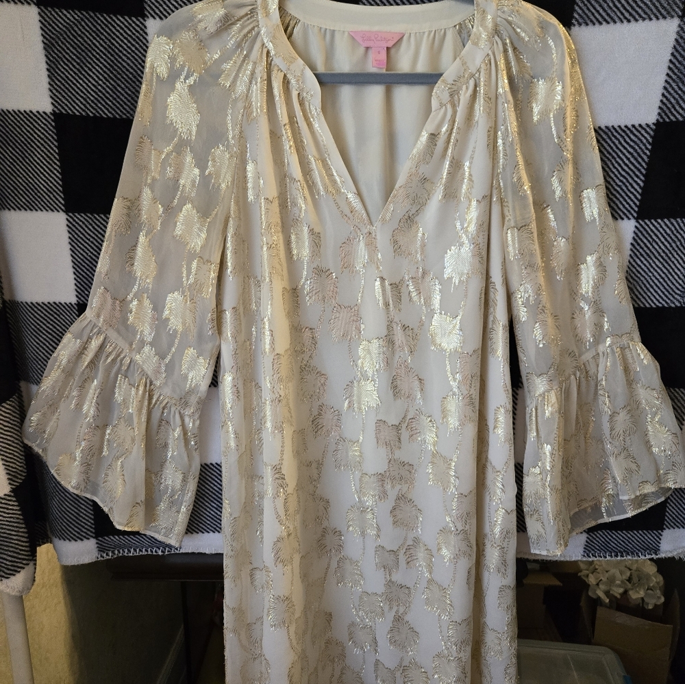 Lilly Pulitzer Cream & Gold Metallic Leaf Shift Dress